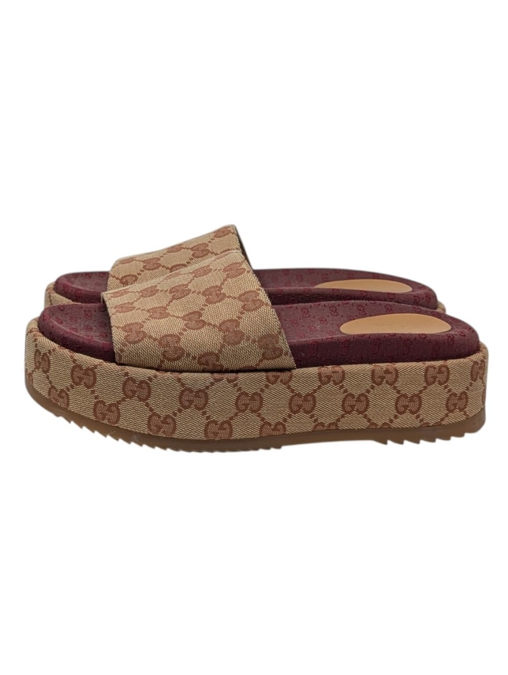 Gucci Angelina Burgundy Rust GG Monogram Canvas Platform Slide Sandal Size EU 38 - Picture 2 of 9